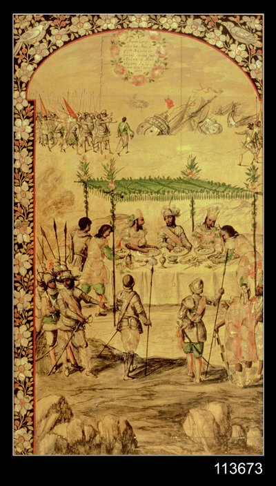 Meksikon valloitus: Hernando Cortes (1485-1547) määrää laivojen tuhoamisen ja tapaa Montezuman suurlähettiläiden (1466-1520) kanssa vuonna 1520 tekijältä Miguel and Juan Gonzalez