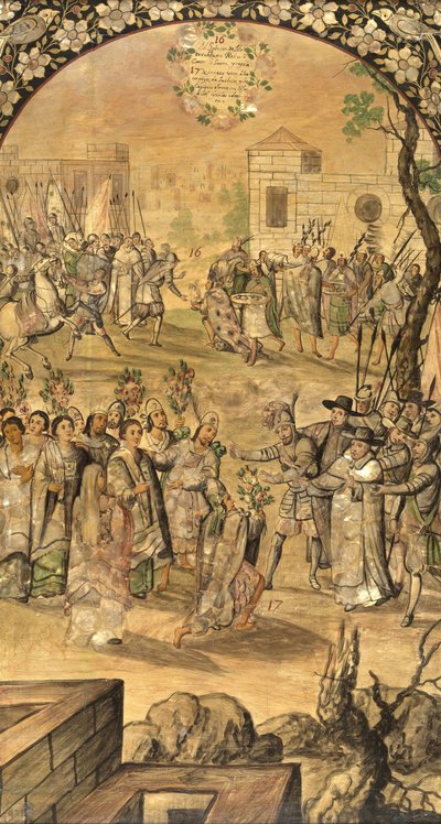 Hernan Cortes par Gonzalezin, Miguelin ja Juanin Meksikon valloitus (aktiivinen 1600-luvun loppu). Öljy puulle, koko: 97x53 tekijältä Miguel and Juan Gonzalez