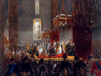 Keisarillisen perheen kunnianosoitus tsaari Aleksanteri II:lle, Moskova, 1856. tekijältä Mihaly von Zichy