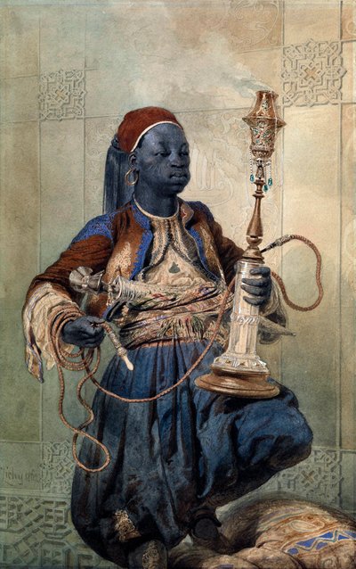 ""Nubian muotokuva vesipiipulla"" (Nubian vesipiippulla) Akvarelli Mihaly Zichy (1827-1906) 1862 Koko 49,5x31 cm Yksityiskokoelma tekijältä Mihaly von Zichy