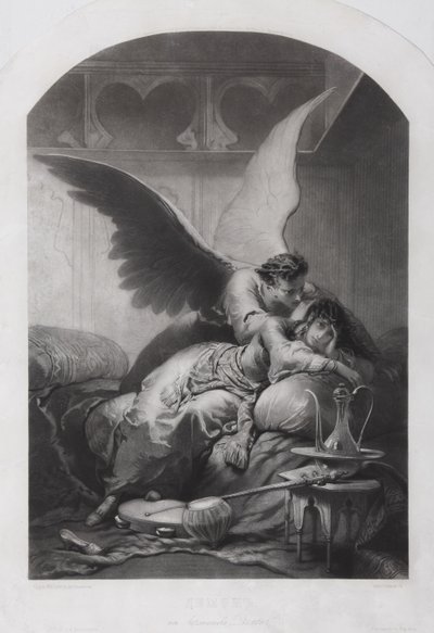 Tamara ja Demon. Kuvitus Mikhail Lermontovin runoon Demoni, n. 1880 tekijältä Mihaly von Zichy