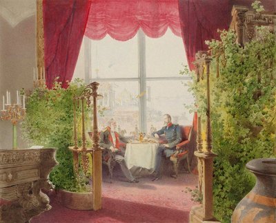 Keisari Aleksanteri II:n ja Vilhelm I:n aamiainen Talvipalatsissa, 1873. tekijältä Mihály Zichy