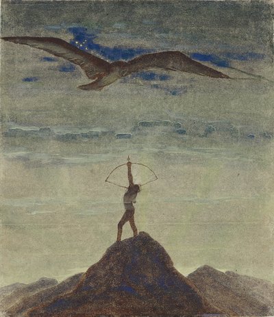 Jousimiehen merkki (syklistä "horoskooppi") par Ciurlionis, Mikalojus Konstantinas (1875-1911). Tempera paperille, koko: 35,3x30,1 tekijältä Mikalojus Konstantinas Čiurlionis