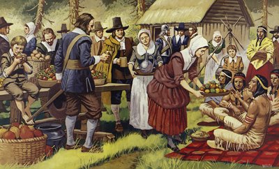 Ensimmäinen kiitospäivä vuonna 1621, vuosi sen jälkeen, kun pyhiinvaeltajaisät olivat lähteneet Vanhasta maailmasta (värilitografia). tekijältä Mike (20th century) White