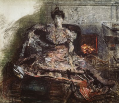 Konsertin jälkeen. N. Zabela-Vrubelin muotokuva takan ääressä Vrubelin suunnittelemassa mekossa, 1905 tekijältä Mikhail Aleksandrovich Vrubel