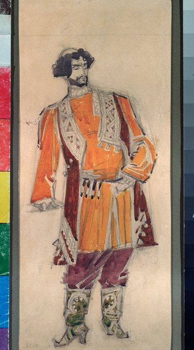 Miesten valmistava puku Nikolai (Nikolai) Rimski Korsakovin (Rimski-Korsakovin) (1844-1908) oopperaan "Tsaarin morsian" (N Rimski Korsakovin (Rimski) pukusuunnittelu oopperaan Tsaarin morsian ). -Korsakov) - Mihail Aleksanterin työ tekijältä Mikhail Aleksandrovich Vrubel