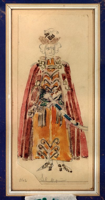 Valmisteleva puku Piotr Tšaikovskin (1840-1893) oopperaan "Mazepa" (P Tšaikovskin Mazepa-oopperan pukusuunnittelu) - Mihail Aleksandrovitš Vrubelin (Vrubel) (1856-1910) työ, kynä ja guassi paperille , Venäjän skenografista taidetta - St tekijältä Mikhail Aleksandrovich Vrubel