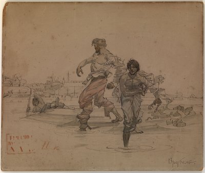 Kuvitus Aleksanteri Puškinin runoon Ryöstäjäveljet, 1881 tekijältä Mikhail Aleksandrovich Vrubel