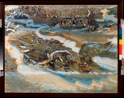 Illustration pour le conte du tsar Saltan de Alexandre Pouchkine (1799-1837) (Pushkinin kuvitus tsaari Saltanin sadulle) - Mihail Aleksandrovitš Vrubelin (Vrubel) (1856-1910) työ, akvarelli, guassi, kulta ja kulta rahaa paperilla tekijältä Mikhail Aleksandrovich Vrubel