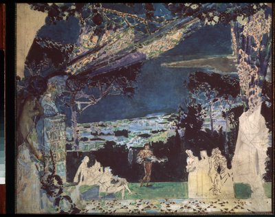 Italie, nuit a Napoli - Yksityisen venäläisen teatterin näyttämöverhon projekti (Italia, Night In Napoli, verhosuunnittelu yksityiselle venäläiselle teatterille) - Mihail Aleksandrovich Vrubelin (Vroubel) (1856-1910) työ, kynä ja akvarelli paperi tekijältä Mikhail Aleksandrovich Vrubel