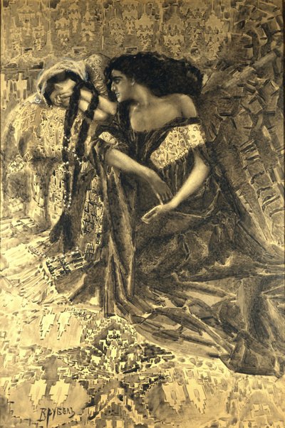 Tamara ja Demon. Kuvitus Mikhail Lermontovin runoon Demoni, 1890-1891 tekijältä Mikhail Aleksandrovich Vrubel