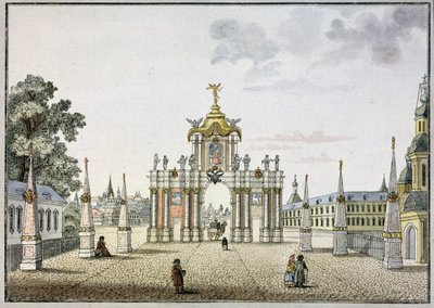 Punaiset ovet Moskovassa. (Punaiset portit Moskovassa). Barokkityylinen riemukaari, rakennettu 1700-luvulla, purettu 1928. Mihail Ivanovitš Makhaevin (1718-1770) teos, akvarelli ja tussi paperille, noin 1790. Venäläistä taidetta tekijältä Mikhail Ivanovich (after) Makhaev
