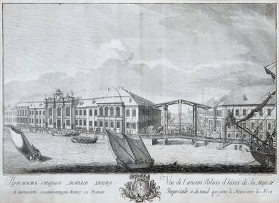 Näkymä toisesta talvipalatsista ja kanavasta, joka yhdistää Moikan Nevaan, 1753 tekijältä Mikhail Ivanovich Makhaev