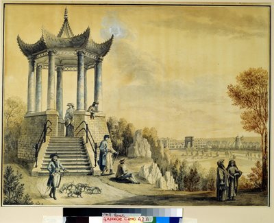 Grand Caprice -paviljonki Katariina-puistossa Tsarkoye Selossa. Mihail Matvejevitš Ivanovin (1758-1823) teos, akvarelli ja liitu paperille, 1700-luvun loppu. 1700-luvun venäläinen taide. Ins tekijältä Mikhail Matveevich Ivanov
