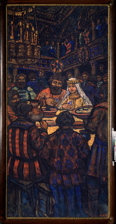 Suurruhtinas Vladimir I Svjatoslavitšin häät (tunnetaan nimellä Suuri tai punainen aurinko, 958-1015) (Suurruhtinas Vladimir I Svjatoslavitšin häät) Hääjuhlakohtaus - Mihail Nikolajevitš Jakovlevin (1880-1942) maalaus, öljy kangas, noin 1920 tekijältä Mikhail Nikolayevich Yakovlev