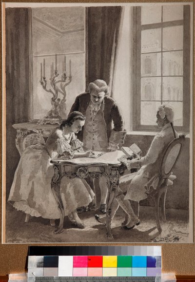 ""Keisarinna Katariina II:n (1729-1796) venäjän kielen oppitunti" (Keisarinna Katariina II:n venäjän kielen oppitunti) Mikhail Klodtin (1835-1914) kynä- ja mustepiirustus tekijältä Mikhail Petrovich Klodt