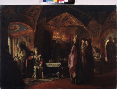 Tsaarinan asunto (Tsarevnan asunto). Sävellys vanhan Venäjän teemasta, perinteinen puku ja Moskovan ruhtinaskunnan koristelu. Paroni Mihail Petrovich Klodtin (1835-1914) maalaus öljy kankaalle tekijältä Mikhail Petrovich Klodt