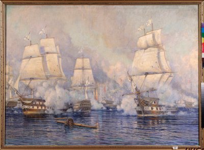 Navarinon meritaistelu 20. lokakuuta 1827 ottomaanien ja ranskalais-englantilais-venäläisen laivaston välillä (Venäjän ja Turkin välisen sodan jakso 1828-1829 ja Kreikan itsenäisyyssota tai Kreikan vallankumous 1821-1830) - ( Nan meritaistelu tekijältä Mikhail Stepanovich Tkatchenko