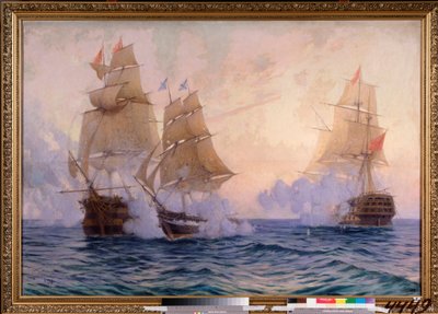 Brigi Mercury taistelee kahta turkkilaista alusta vastaan, 14. toukokuuta 1829 (Venäjän ja Turkin sodan jakso tekijältä Mikhail Stepanovich Tkatchenko