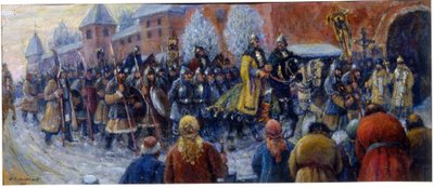 Aleksanteri Nevskin saapuminen Novgorodiin jäätaistelun jälkeen tekijältä Mikhail Vasilievich Nesterov