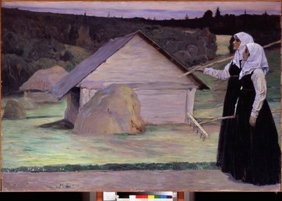 Kesä. Kaksi naista, haravat kantaen, kävelevät illalla peltojen jälkeen heinäsuovojen ja puumajan ohi. Mihail Vasilyevich Nesterovin (1862-1942) maalaus öljy kankaalle tekijältä Mikhail Vasilievich Nesterov