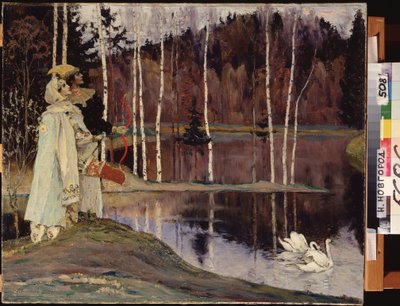 Dual Harmony. Puku- ja teatterimeikkipariskunta katselee taivasta lähellä järveä, jolla pari joutsenta ui rauhallisesti. Mihail Vasilyevich Nesterovin (1862-1942) maalaus öljy kankaalle tekijältä Mikhail Vasilievich Nesterov