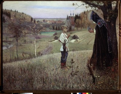 Nuoren Barthelemyn visio. (Nuoren Bartolomeuksen visio). Munkin ja nuoren venäläisen Barthelemyn (josta tulee Pyhä Serge de Radonege tai Sergii Radonežski tai Sergei Radonežski tai Sergius de Radonezh, noin 1313-1392) kohtaaminen. Maalattu tekijältä Mikhail Vasilievich Nesterov