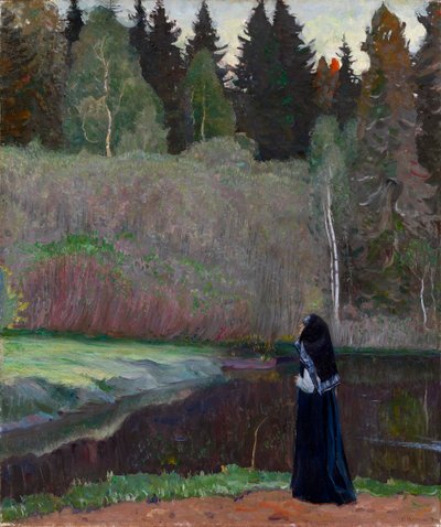 ""Le chant du rossignol"" (Satakieli laulaa) Nunna linnunlaulua kuuntelemassa - Mihail Vasilyevich Nesterovin (1862-1942) maalaus 1918 Koko 81x68,5 cm Yksityinen kokoelma tekijältä Mikhail Vasilievich Nesterov
