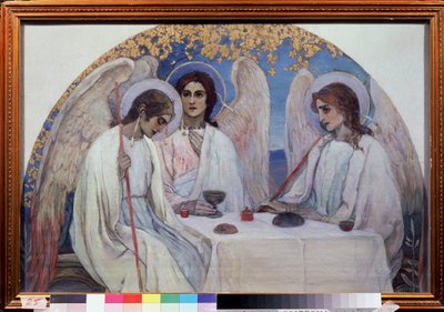 Abrahamin vieraanvaraisuus. Vanhan testamentin kolminaisuus. Edustus kolmesta enkelistä, jotka ilmestyivät Abrahamille lähellä Chene de Mambrea. (Aabrahamin vieraanvaraisuus (Vanhan testamentin kolminaisuus). Mihail Vasilyevich Nesterovin (1862-1942) maala tekijältä Mikhail Vasilievich Nesterov