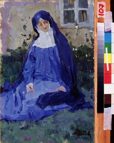 Nunna (Nunna). Mihail Vasiljevitš Nesterovin (1862-1942) työ, öljy pahville tekijältä Mikhail Vasilievich Nesterov