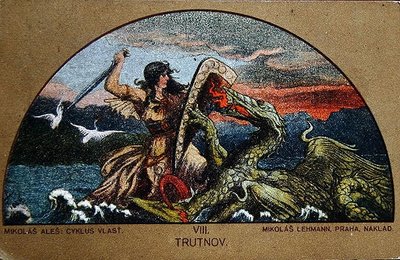 Postikortti, joka kuvaa Knight Trutia taistelemassa lohikäärmettä vastaan, n. 1900 (värilitho) tekijältä Mikolas (after) Ales