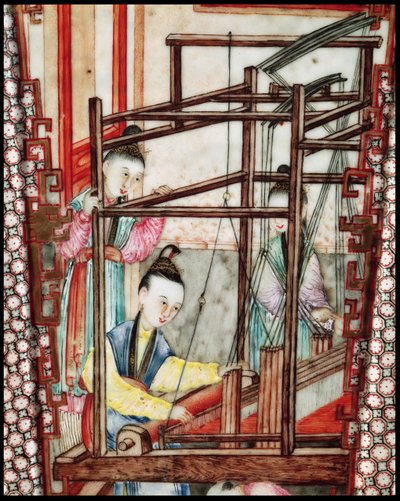 Yksityiskohta maljakosta, joka kuvaa silkkikudontaa (keraaminen) tekijältä Ming Dynasty Chinese School