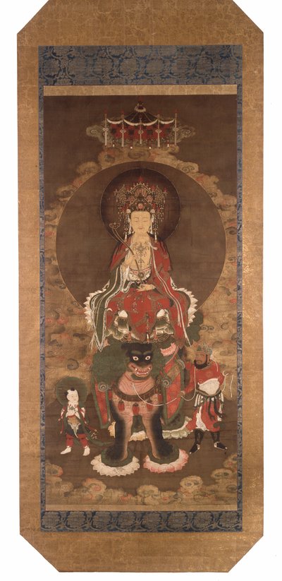 Bodhisattva Mañjusrî leijonan selässä, 1300-luvun loppupuoli (muste, väri ja kultainen pigmentti silkille). tekijältä Ming Dynasty Chinese School
