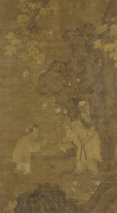Kaksi poikaa leikkimässä leijonanukon kanssa, 1400-1500-luku tekijältä Ming Dynasty Chinese School