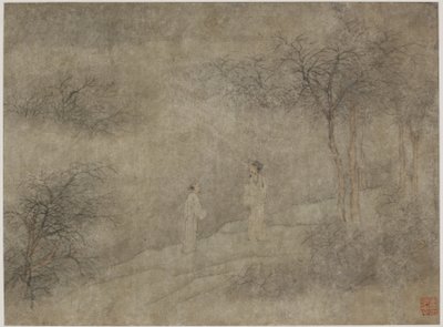 Kaksi miestä kävelemässä sumuisessa lehdossa (muste ja väri paperille) tekijältä Ming Dynasty Chinese School