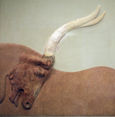 Minoan Art. Fragmentti kipsistä kohokuvioisesta fresosta, jossa näkyy metsästetty härkä. Minoalaisesta palatsista Knossoksesta. 1600-1450 eaa. Arkeologinen museo, Herakleion, Kreeta. tekijältä Minoan