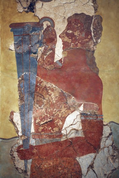 Minolainen taide. "Kupinkanto", hahmo kulkue Frescosta. Alkuperäinen rekonstruktio niistä harvoista fragmenteista, jotka A. Evans löysi Knossoksen arkeologisesta alueesta ja on nyt esillä Herakleionin arkeologisessa museossa. Siinä näkyy nuori mies, jolla  tekijältä Minoan