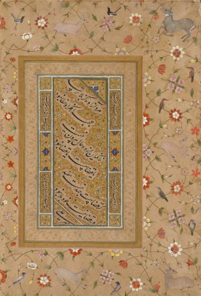 Sivu Late Shah Jahan -albumilta: Persian Calligraphy kehystetty kukkien ja lintujen koristeellisella rajalla tekijältä Mir 