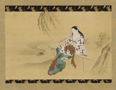 Maisema: yujo istumassa penkillä, 1700-luku. tekijältä Miyagawa Chōshun