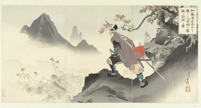 Kato Kiyomasa tuhoaa ja vangitsee Orangain palatsin vierimällä alas kivestä. Kato Kiyomasa oishi korogashite Orankai no kenjo tai uchiyaburu zu. (otsikko esineessä) tekijältä Mizuno Toshikata