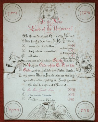 Golden Dawnin hermeettisen ritarikunnan Osiris-temppelin peruskirja nro 4, 1888 (kynä ja muste kortilla) tekijältä Moina Mathers