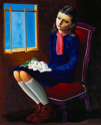 Nuori tyttö istuu Margueritesin kanssa tekijältä Moise Kisling