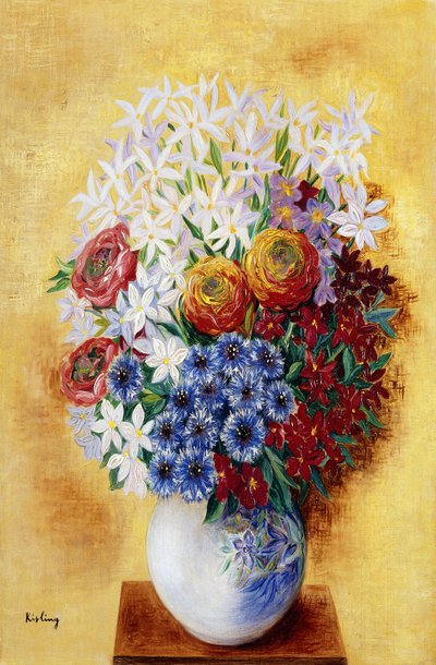 Kukkakimppu keltaista taustaa vasten; Bouquet au Fleurs sur Fond jaune, noin 1934 (öljy kankaalle) tekijältä Moise Kisling