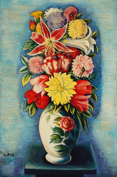 Kukat: Dahliat, tulppaanit ja liljat; Bouquet de Fleurs: Dahliat, tulppaanit, liljat ja liljat. tekijältä Moise Kisling