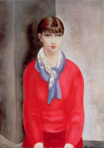 Kiki de Montparnasse punaisessa villapaidassa ja sinisessä huivissa tekijältä Moise Kisling