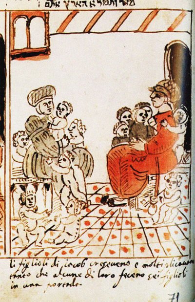 Israelilaisten lisääntyminen Egyptissä. Codex Choumach -kuva Mooseksen Pentateuch dal C tekijältä Moise del Castellazzo