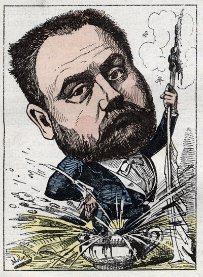 Muotokuva Emile Zolasta (1840-1902), ranskalainen kirjailija Touchatoutin "" Le Trombinoscope -kirjassa", B. Molochin karikatyyri vuodelta 1882 (1849-1909). Yksityinen kokoelma. tekijältä Moloch