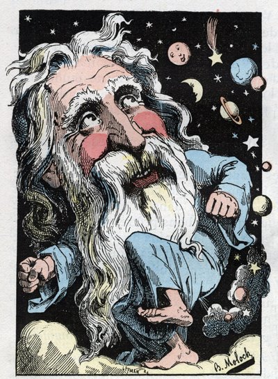 Allegoria Jumalasta Touchatoutin "The Trombinoscope" -sarjassa, sarjakuva B. Moloch vuodelta 1882 (1849-1909). Yksityinen kokoelma. tekijältä Moloch