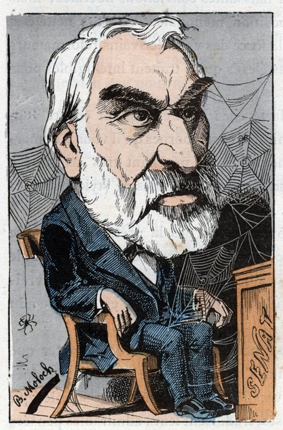 Eugene Pelletan (1813-1884), ranskalainen kirjallinen toimittaja ja poliitikko Touchatoutin "Le Trombinoscope" -sarjassa, B. Molochin sarjakuva vuodelta 1882 (1849-1909). Yksityinen kokoelma. tekijältä Moloch