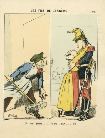 Lentävä lehti, numero 5, Satiirinen väreissä: Les fils de cerbere - Commune de Paris/War/Siege, Amour - Molochin kuvitus (1849-1909) tekijältä Moloch